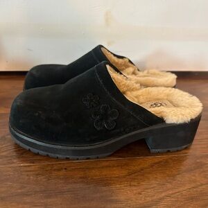 Black UGG Clogs with Fur and Flower Details